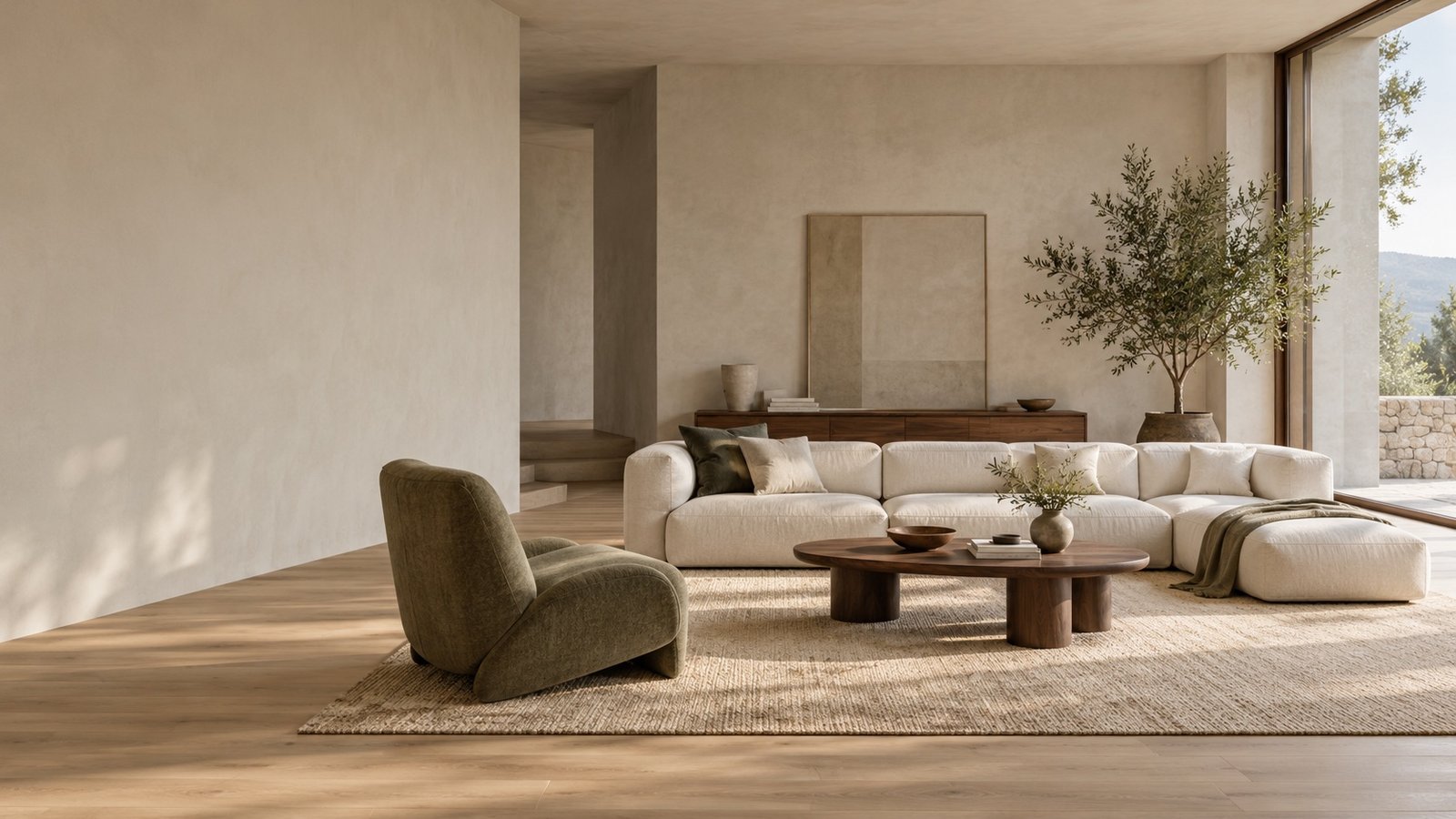 A light-filled living room with an ivory sofa, walnut furniture and an olive lounge chair